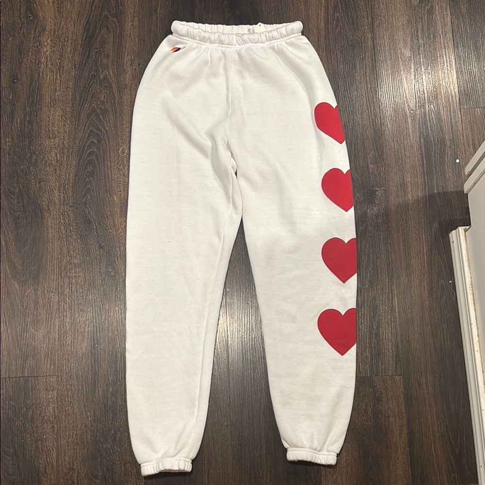 Aviator Nation White and Red Heart Joggers